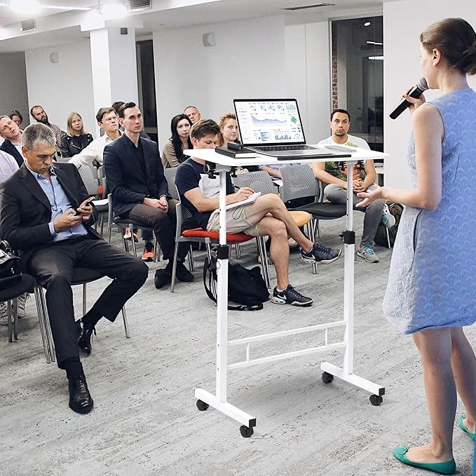 Small Standing Desk Adjustable HeightRolling Computer DeskMobile Standing Desk with WheelsPortable Stand Up DeskTall Computer TableAdjustable Desktop Sit Stand DeskSize 31.5x15.7 Inch White