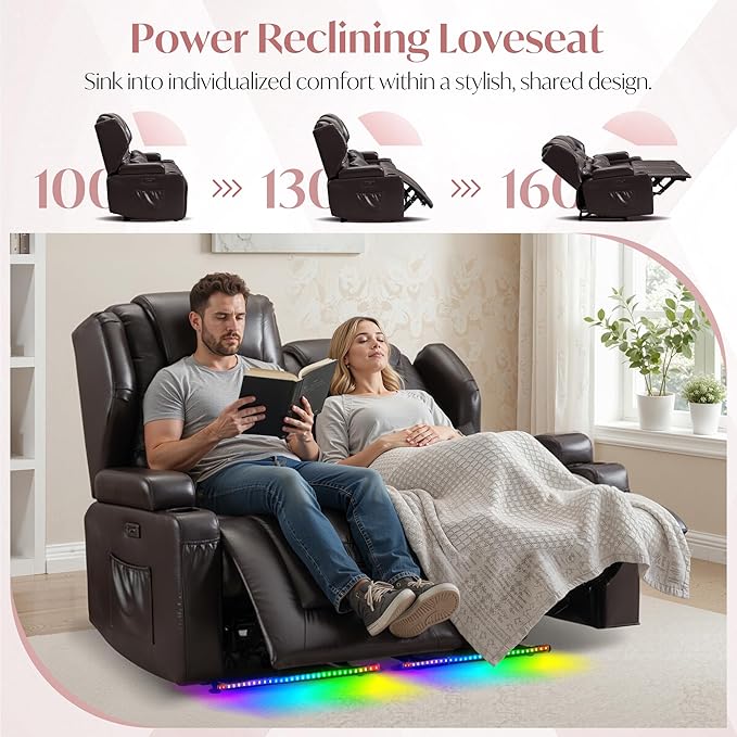 Power Loveseat Recliner SofaReclining Loveseat RV Recliners with Speaker/USB Ports/LED LightsPower Recliner Loveseat Sofa with Cup Holders for Living Room (Brown Loveseat)
