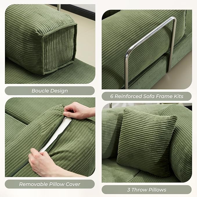 Furnimart 108 Convertible L-Shape Sofa with Cylindrical Pillow Comfy Foldable Compressed Sofa Bed Boneless Floor Sofa Lounge Couch for Living Room Bedroom No Assembly Required Green