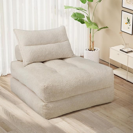 Folding Sofa Bed Fold Out Chair Bed with Pillow Convertible Sleeper Chair for Living Room/Small Spaces Foldable Lazy Sofa Bed Floor Chair Comfy Teddy Velvet Couch Bed Beige