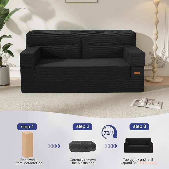 MeMoreCool Boneless Couch Convertible Sofa Bed Queen Corduroy Futon Couch Sleeper Sofa Boneless Loveseat Pull Out Couch Bed Fold Out Floor Sofa for Living Room Bedroom Apartment Black