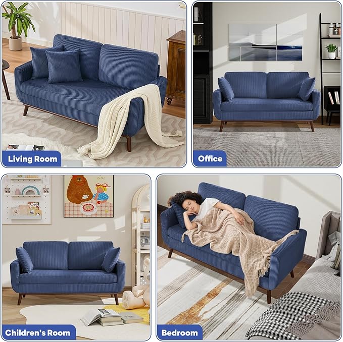 Tbfit Corduroy Couch for Living Room Mid Century Modern Sofa with Spring Cusions for BedroomComfy Upholstered Couches Easy Assembly with Solid Wood Legs &amp 2 Pillows (Blue 65inch)