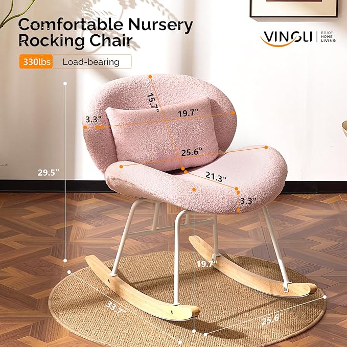VINGLI 25.6 Extra Wide Nursery 115° Armless Rocking Chair Curved Cute Cross-Legged Glider Chair with Pillow &amp Solid Wood Nursing Chair for Bedroom Living Room Teddy Fleece Pink