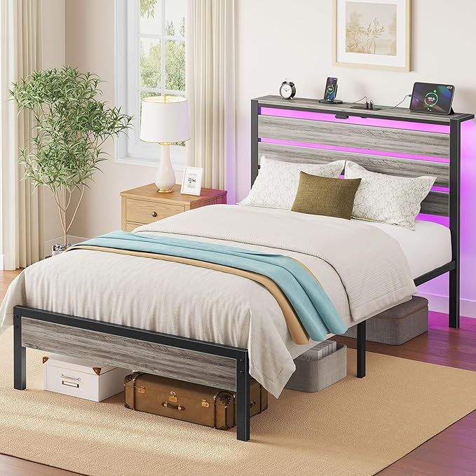 Rolanstar Bed Frame Twin Size with USB Charging Station LED Bed Frame with Wood Storage Headboard Light Grey Metal Platform Bed with Under Bed Storage No Box Spring Needed Noise Free