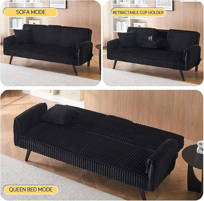 Futon Sofa Bed Modern Folding Couch for Small Space 72'' Corduroy Convertible Loveseat Sleeper Bed Daybed Recliner Lounge Sofas for Living Room2 Cup HoldersMetal LegsRemovable Armrests (Black I)