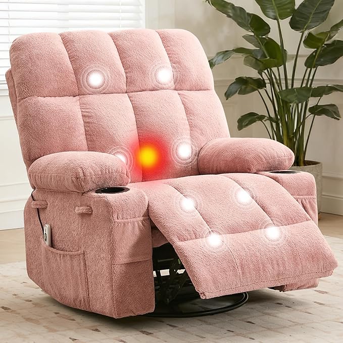 IDEALHOUSE Rocking Recliner Chair with Heat 38.5 Oversized Swivel Rocker Recliner with Massage Side Pockets &amp Cup Holders Reclining Sofa for Living Room Bedroom (Pink Linen)