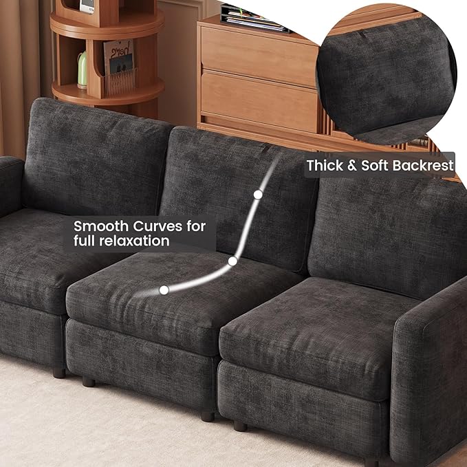 3 Seaters Modular Sectional Sofa 3 Seat Sofa Modern Sectional Couches with Deep Seats for Living Room Upholstered Couch with Soft Backrest 90.15 L Dark Grey (No Ottoman)