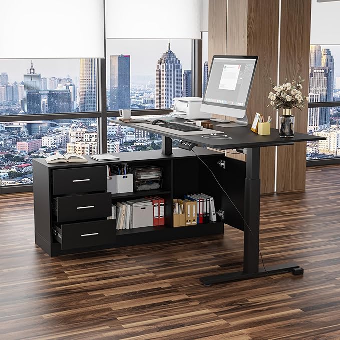 63 W L-Shaped Electric Standing Desk with Cabinet Height Adjustable &amp Reversible Corner Computer Desk with Drawers &amp Storage Shelves for Home Office Black