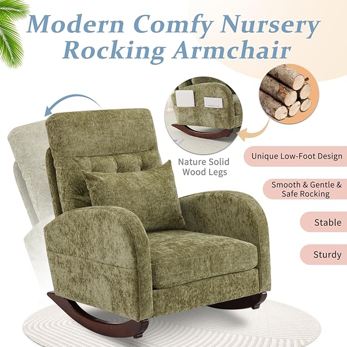 VINGLI Chenille Low Seat Rocking ChairUpholstered Nursery Glider Chair with Side PocketsAccent Arm Chair with High BackrestComfy Head RestSolid Woodfor Living Room Bedroom BalconyOlive Green