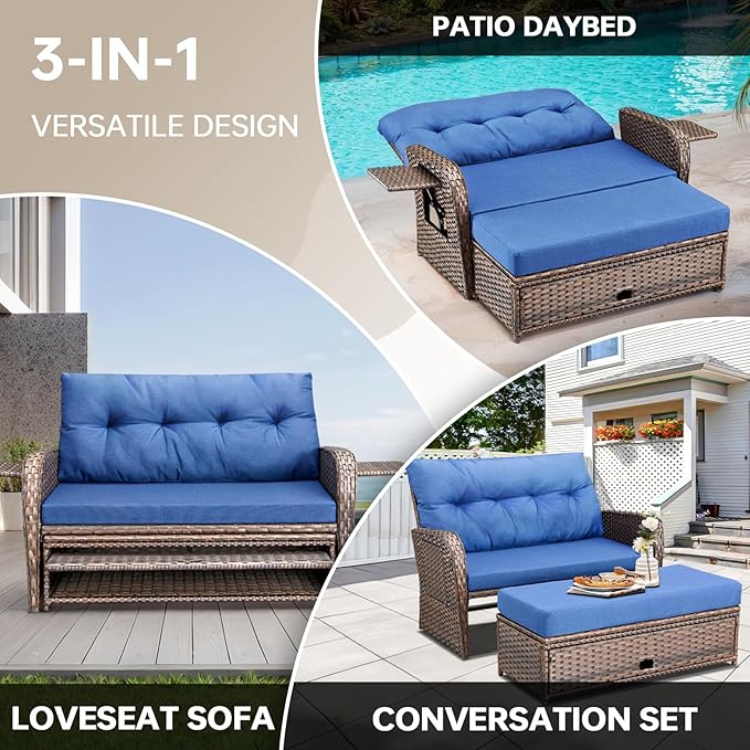 Patio Rattan Daybed Wicker Recliner Loveseat for Two with Multifunctional Recliner and Stowable Side Tray 5 Level Adjustable Backrest (Brown Wicker/Blue Cushion)