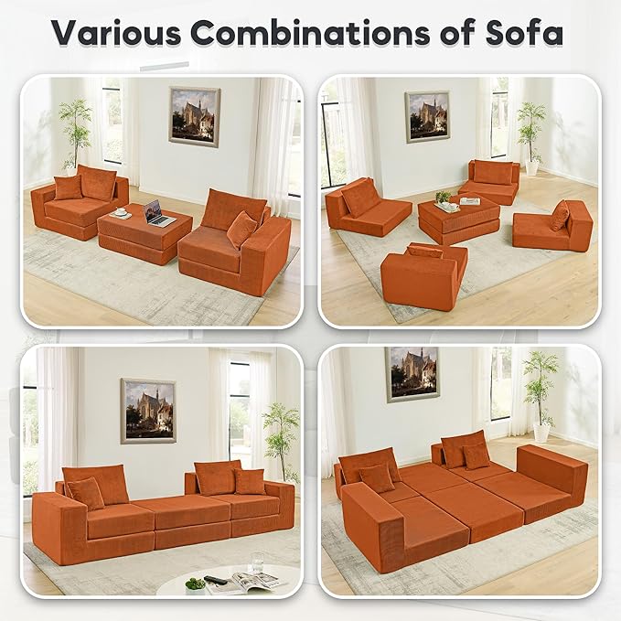 Modular Cloud Sectional Sofa Couch for Living Room Comfy Corduroy Sleeper Sofa Bed with Reversible Chaise Modern L-Shaped Sleeper Couch Bed with Deep Seat Orange