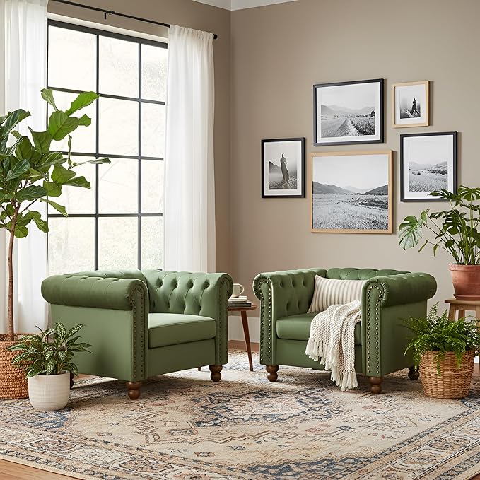 Velvet Chesterfield Chair Club Chair Tufted Single Sofa Couch for Living Room Accent Armchair with Nailhead Trim Green