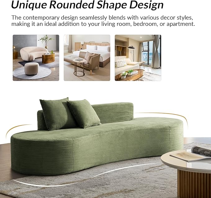 94.5 Modern Curved Sofa 3-Seater Comfy Foam Couch with 2 Pillows Frameless &amp No Assembly Required Cloud Couch for Living Room Green