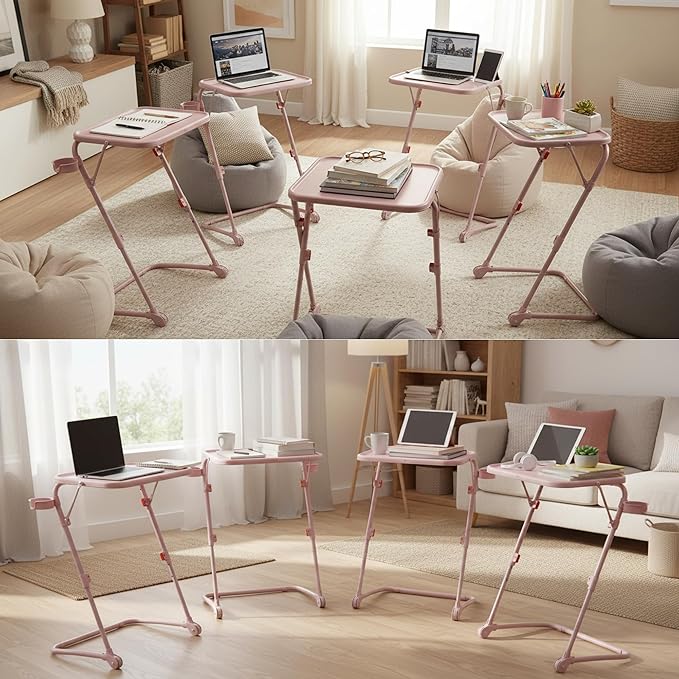 Homy Casa Adjustable Z Shaped Study Desk with Cup Holder Space Saving Portable Laptop Foldable Table for Home Office Living Room &amp Bedroom Sturdy Metal Frame &amp PP Top Black (4PCS-Pink)