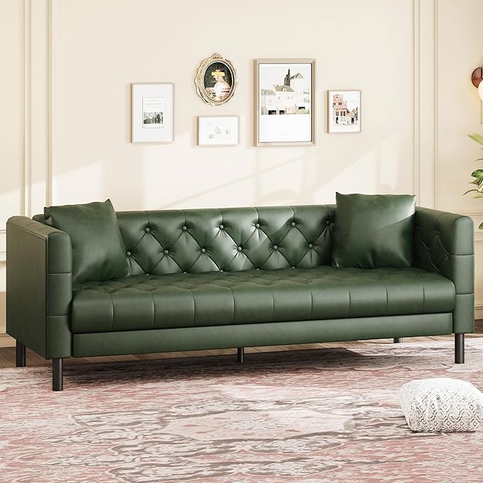 Garvee 81 Inch Leather Couch for Living Room Modern Leather Sofa with Deep Seat Handmade Button Tufted 3 Seater Sofa Chesterfield Couch for Apartment Office Black Green