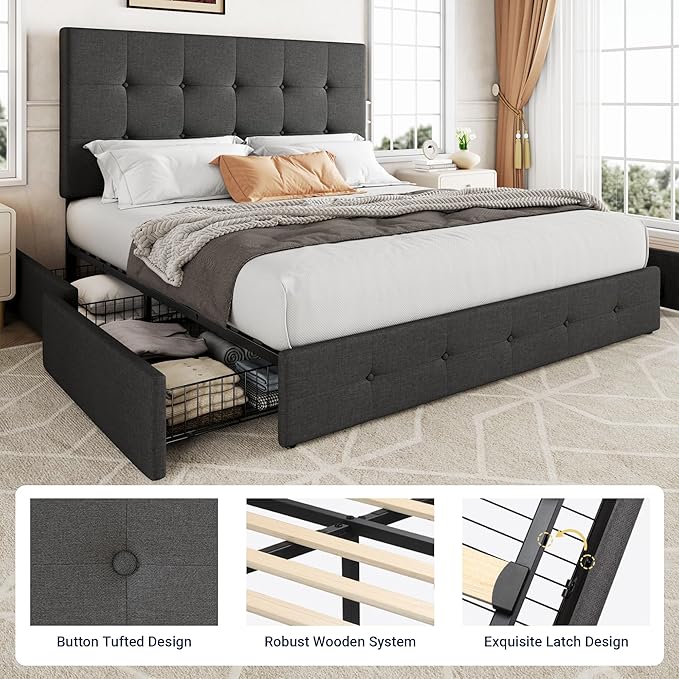 Allewie Upholstered Queen Size Platform Bed Frame with 4 Storage Drawers and Headboard Square Stitched Button Tufted Mattress Foundation with Wooden Slats Support No Box Spring Needed Dark Grey