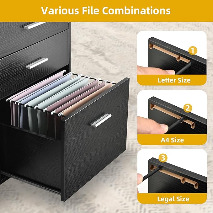 DWVO File Cabinet with Charging Station 3 Drawer Mobile Filing Cabinet with Lock Printer Stand with Open Storage Shelf for Home Office Black