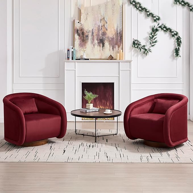 Swivel Accent Chair 360-Degree Rotating Barrel Chair with Soft Velvet Upholstery Comfy Pumpkin-Shaped Lounge Chair for Living Room Bedroom Office (Wine Red)