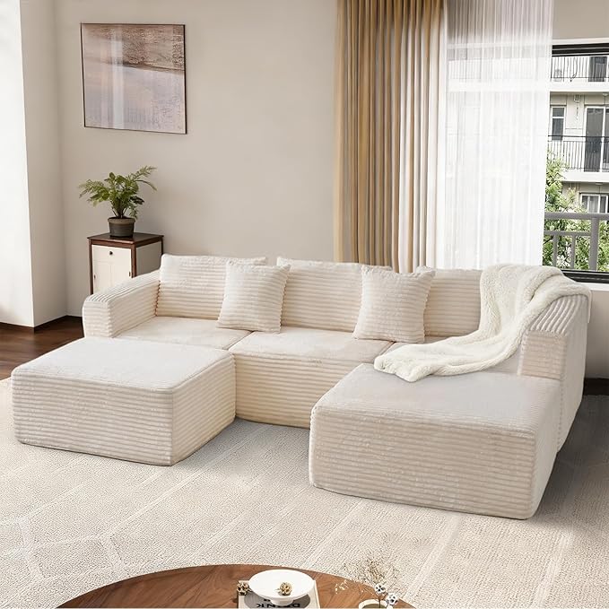 110 Corduroy Boneless Modular Sectional Sofa Cloud Couch with Memory Foam Deep Seats U-Shaped Couches for Living Room Bedroom and Apartment No Assembly Required Beige