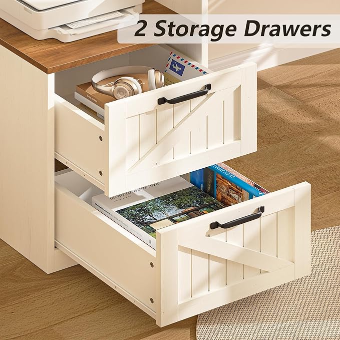 63 Farmhouse L Shaped Executive Desk with Drawers &amp Storage Shelf Corner Computer Desk with Power Outlets L Shaped Office Desk with Monitor Stand Printer Shelf Antique White