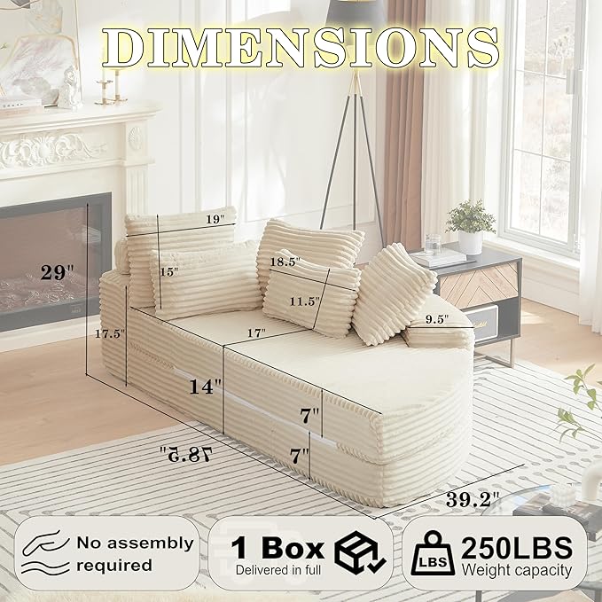 78.5 Beige Corduroy Boneless Right-Side Half Round Oversized Sofa Converts into Recliners Sofa Bed Convertible Lounge Chair Neck Pillow Design with Five Throw Pillows