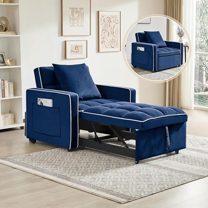 3 in 1 Velvet Sleeper Chair with Pull Out Bed Convertible Single Sofa Bed Futon Modern Tufted Chair with Adjustable Backrest Pullout Sleeper Sofa Chair for Bedroom Living Room Lounge (Blue)