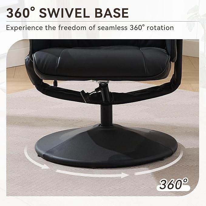 360° Swivel Reclining Chair with Ottoman 5-Point Massage Lounge Chair with Heated Seat Modern Recliner with Remote Control /Side Pocket/Adjustable Backrest for Living Room (PU Leather Black)