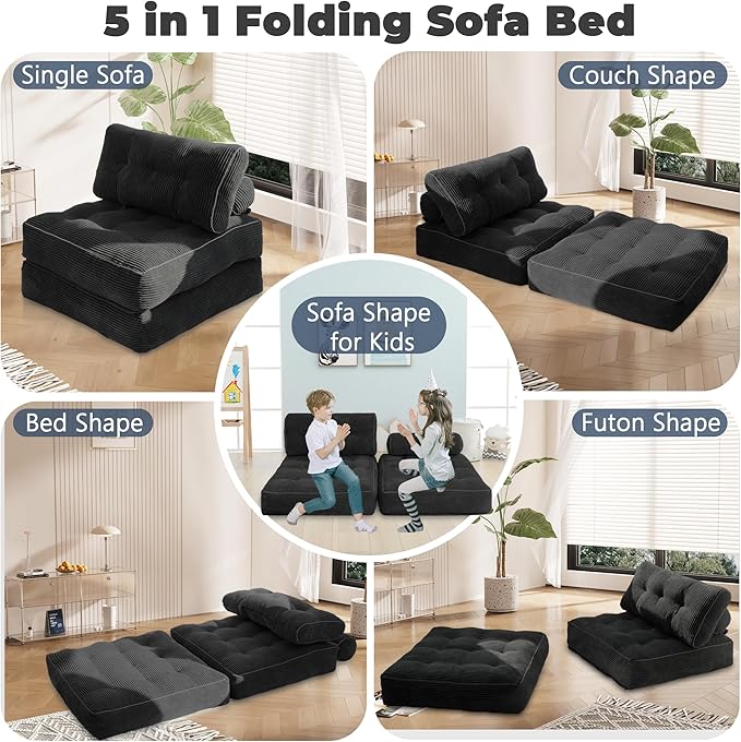 Folding Sofa BedConvertible Sleeper Chair for Adults Folding Sofa Bed Foam Filling Couch with PillowSleeper Chairs Single Size Floor MattressBlack