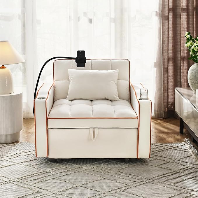 3 in 1 Convertible Sleeper Chair Bed with USB Ports Cup Holder and Phone Stand Velvet Pull Out Futon Sofa Beds Adjustable Backrest Single Sofa Chair for Small Spaces Living Room Office (Beige)