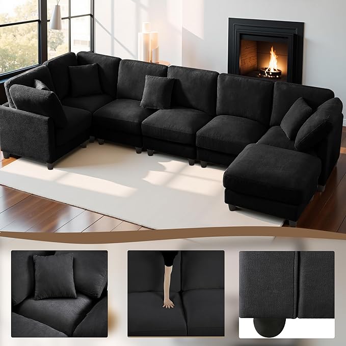 117 Modular Sectional Sofa with Movable ChaiseModern Chenille Cloud Sectional Couch with Deep SeatU Shaped Compressed Boneless Sofa for Living RoomNo Assembly Required (Black)