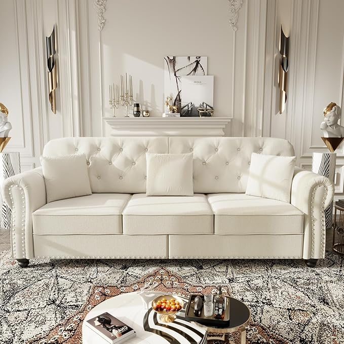 82.6 Deep Seat Chesterfield Sofa with Ottoman Mid-Century Modern Velvet Couch with Nailhead Trim Rolled Arm&amp 3 Pillows Comfy Tufted Upholstered 3 Seater Love Seat Couches for Living Room (Beig