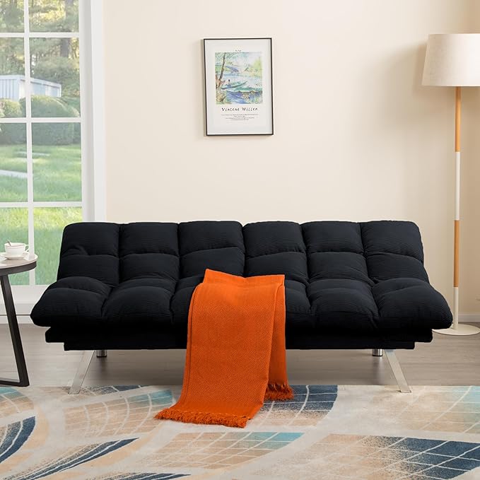 67” Convertible Futon Couch Bed Adjustable Pillow Top Arm Memory Foam Cloud Futons Loveseat Modern Light Gray Corduroy Mini Small Sofa Couches for Living Room