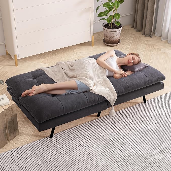 Convertible Futon Sofa BedMemory Foam Linen Fabric Futon Couch with Adjustable BackrestFolding Loveseat Sleeper Recliner for for Living RoomOfficeApartmentDeep Black