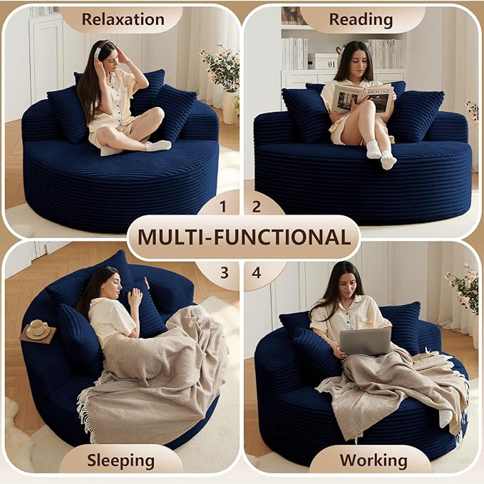 Oversized Round Chair Lounge Chaise Indoor Upholstered Corduroy Deep Seat Cloud Large Circle Sofa Chair No Assembly Required Fluffy Modern Sleeper Sofa Bed for Reading Living Room Dark Blue