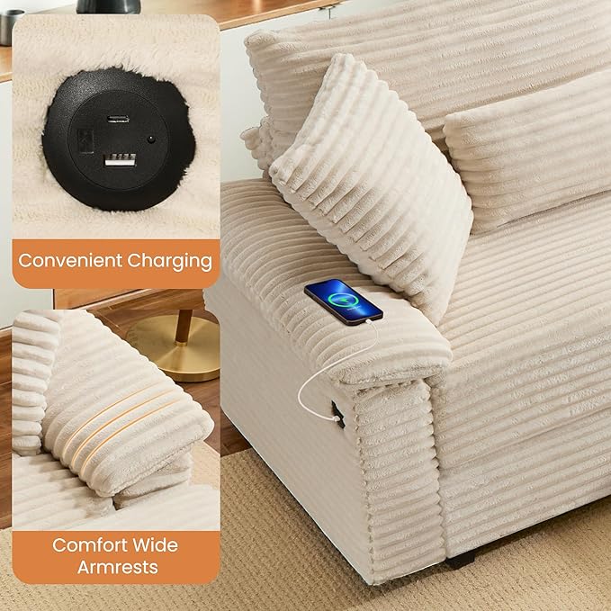 SUNWAVE 74 W Double Chaise Lounge Chair Indoor Oversized Loveseat with Storage Ottoman Corduroy Couch with USB Charging Removable Ottoman and Coffee Table Cushions for Living Room Bedroom