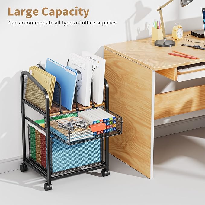 Marbrasse Rolling File Cart with Adjustable Dividers Mobile File Cabinet on Lockable Wheels Office Filing Cabinet Organizer Hanging File Folder Organizer for Home Office - Dark Brown