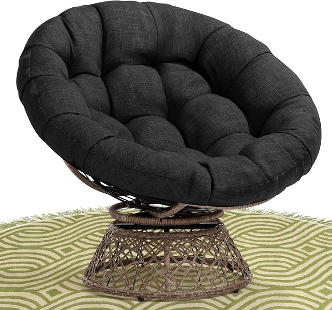 Bme 40 Ergonomic Wicker Papasan Chair with Soft Thick Density Fabric Cushion High Capacity Steel Frame 360 Degree Swivel for Living Bedroom Reading Room Lounge Onyx Stone - Brown Base