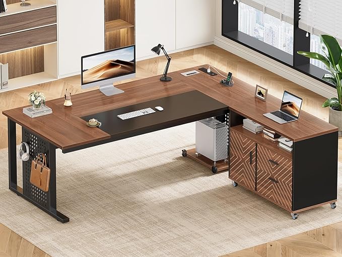 SEDETA 71 Executive Desk with Rolling File Cabinet Large Office Desk with Drawers L Shaped Computer Desk with Power Outlets CPU Stand Pegboard and Storage Shelves Brown