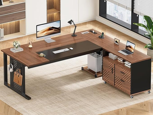 SEDETA 71 Executive Desk with Rolling File Cabinet Large Office Desk with Drawers L Shaped Computer Desk with Power Outlets CPU Stand Pegboard and Storage Shelves Brown