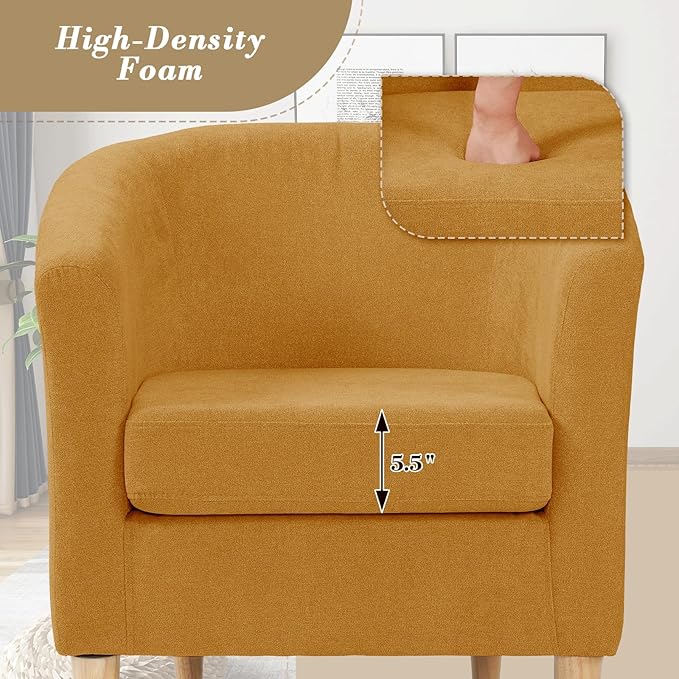 Athena Collection Modern Accent Chair with Ottoman Linen Barrel Sofa Chair Comfy Upholstered Armchair Reading Chair with Thickened Seat Cushion for Bedroom Living Room Yellow