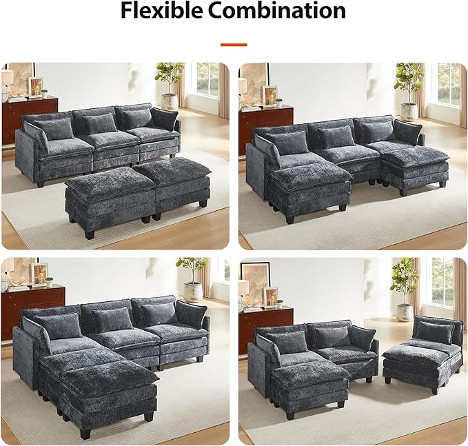 Amada Sectional Couches for Living Room 111.5-U Shape Comfy Cloud Modular Sectional Sofa 5-Seater Chenille Deep Seat Sofa Sleeper with 2 Movable Ottomans&ampThrow Pillows (Grey) | Chenille