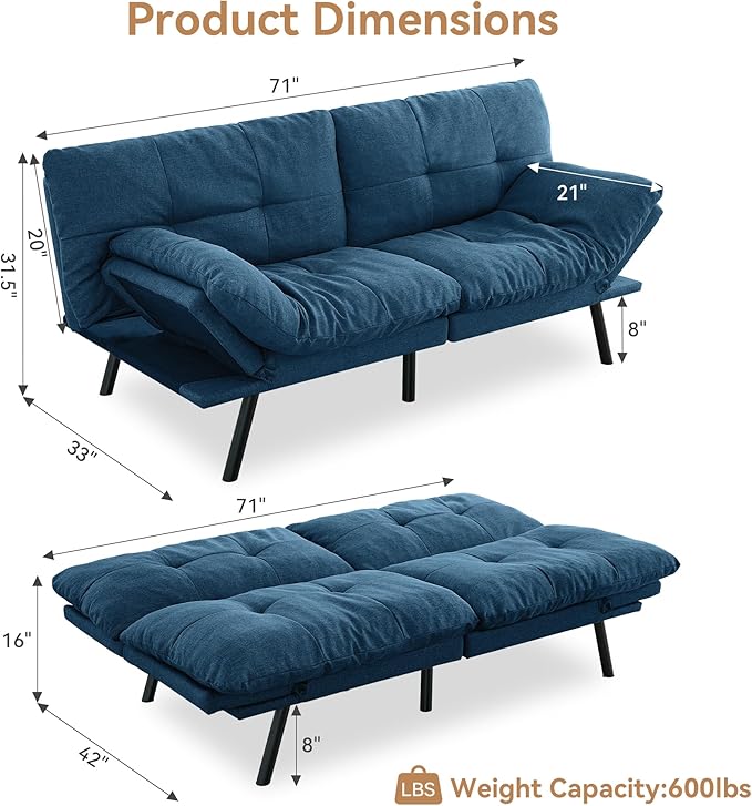 Convertible Futon Sofa Bed71 Modern Fabric Futon Couch with Adjustable Backrest&ampArmrestSmall Loveseat Sleeper SofaDorm Futonsofa for ApartmentLiving RoomDetachable CushionsNavy Blue