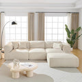 Luxury Living Room Double-Needle Cut Velvet Sofa 4-Seater with Pure Sponge Seat Cushions A Detachable Footstool and 3 Throw Pillows L Shaped Polyester Sofa for Living Rooms (Beige-EK99)