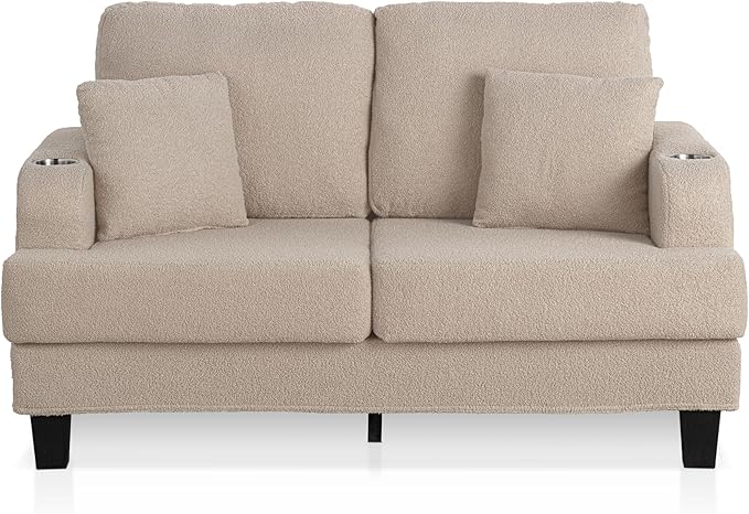 Homes: Inside + Out Reese Modern Plush Boucle Comfortable Loveseat with Side Pockets Cup Holders and Pillows Wooden Soft Couch for Living Room Bedroom and Office Beige