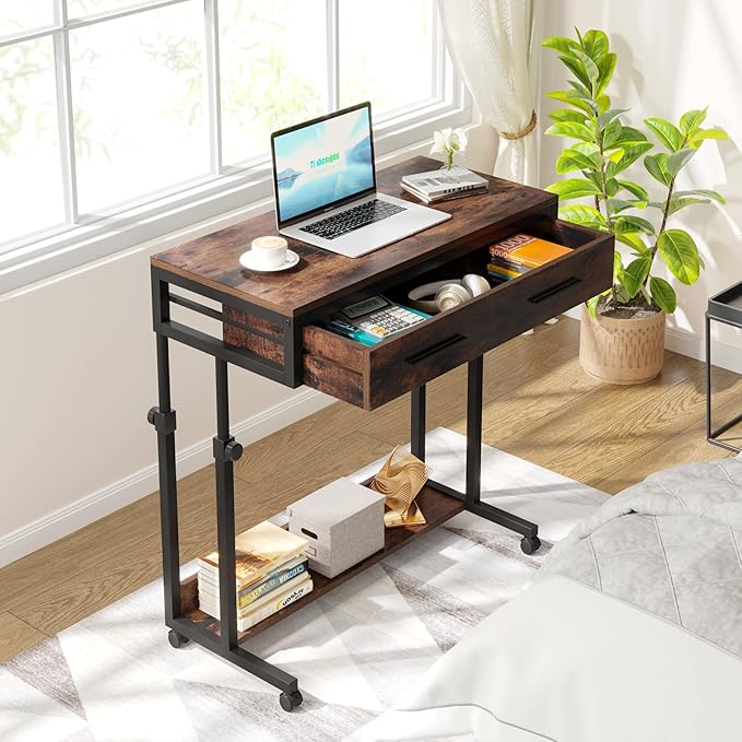 Tribesigns Portable Desk with Drawers Mobile Laptop Desk with Wheels Sofa Side Table Small Portable Standing Rolling Table for Home Office