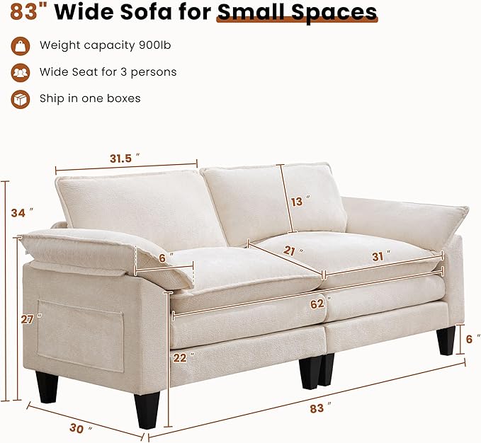 83 Loveseat SofaCloud Couch for Living RoomComfy Love Seat with Double Cushion2 PillowsRemovable Cover for Bedroom Apartment and Office