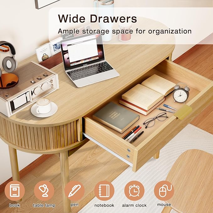 Oval Wood Desk with Drawer39.37 Inch Small Study Work Writing Desk Computer Gaming TableStudent PC Storage MDF Desk for Home Office Bedroom Living Room(Light Oak Color)