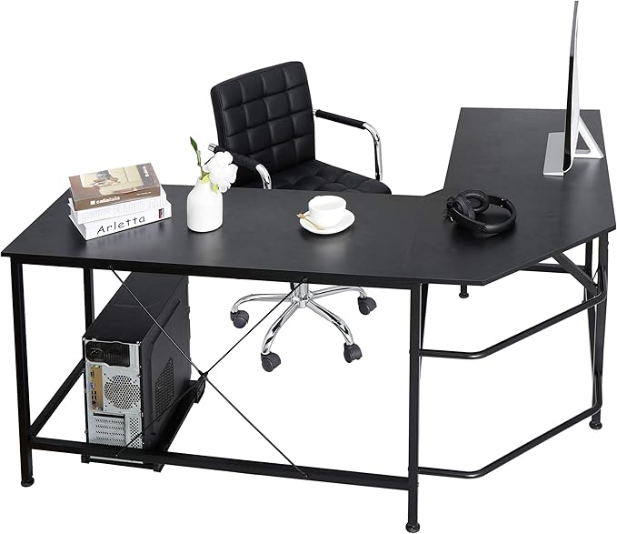 HomGarden L-Shaped Computer Desk Modern Corner Table PC Laptop Study Workstation Home Office Desk Wood Desktop Metal Frame(Black)