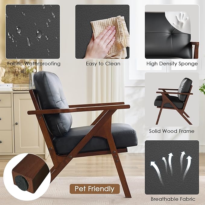 STHOUYN Black Leather Office Accent Chair Set of 2 Office Lounge Chair with Wooden Arms Mid Century Modern Chair Side Arm Chairs for Living Room Comfy Guest Waiting Room Chairs (2 Black)