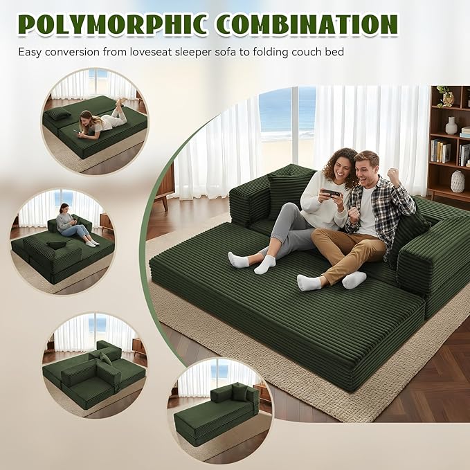 5-in-1 Folding Convertible Sofa Bed 78 Inch Corduroy Boneless Couch Loveseat Sleeper with Pull Out Bed Floor Sofa Modular Futon Couch for Living Room Small Place No AssemblyLight Green